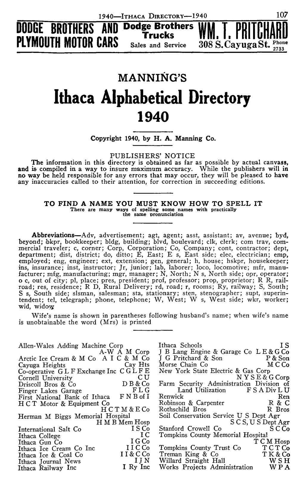 Ithaca Alphabetical Directory 1940