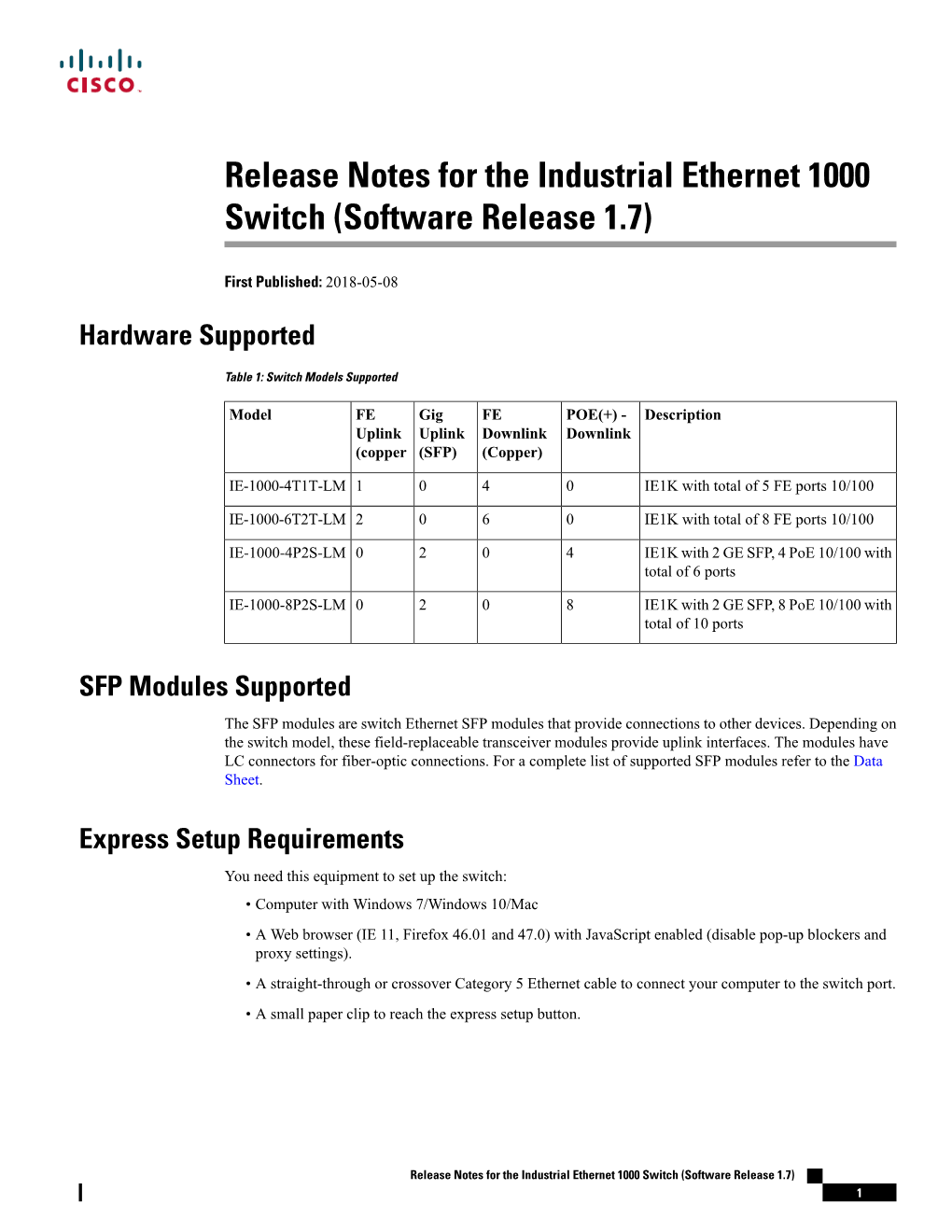 Release Notes for the Industrial Ethernet 1000 Switch (Software Release 1.7)