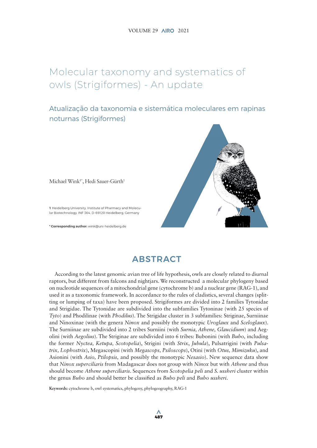 Molecular Taxonomy and Systematics of Owls (Strigiformes) - an Update