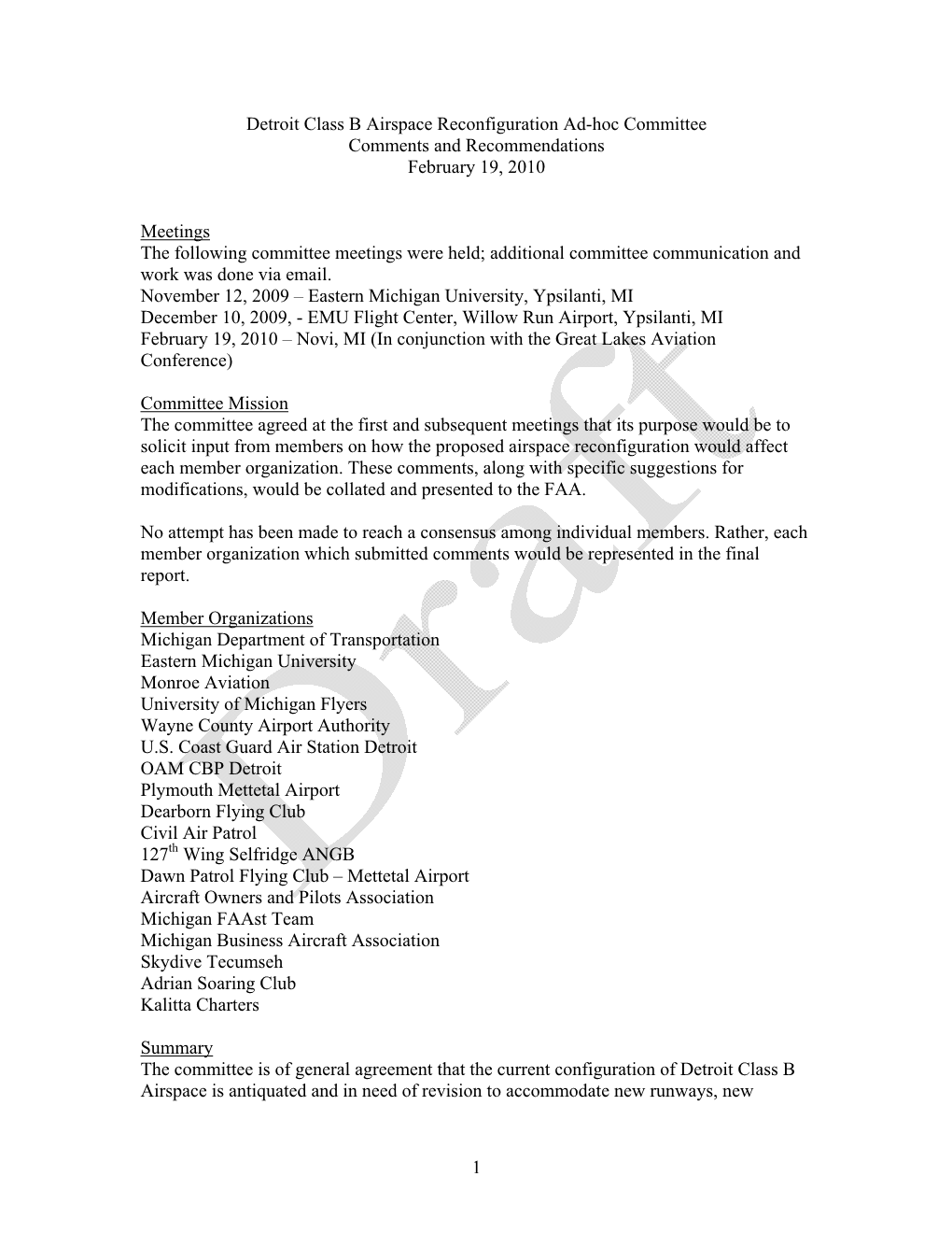Detroit Class B Airspace Reconfiguration Ad-Hoc Committee Comments and Recommendations February 19, 2010
