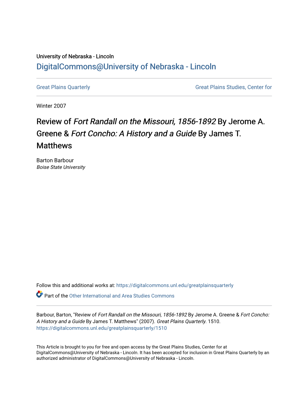 Review of Fort Randall on the Missouri, 1856-1892 by Jerome A. Greene & Fort Concho