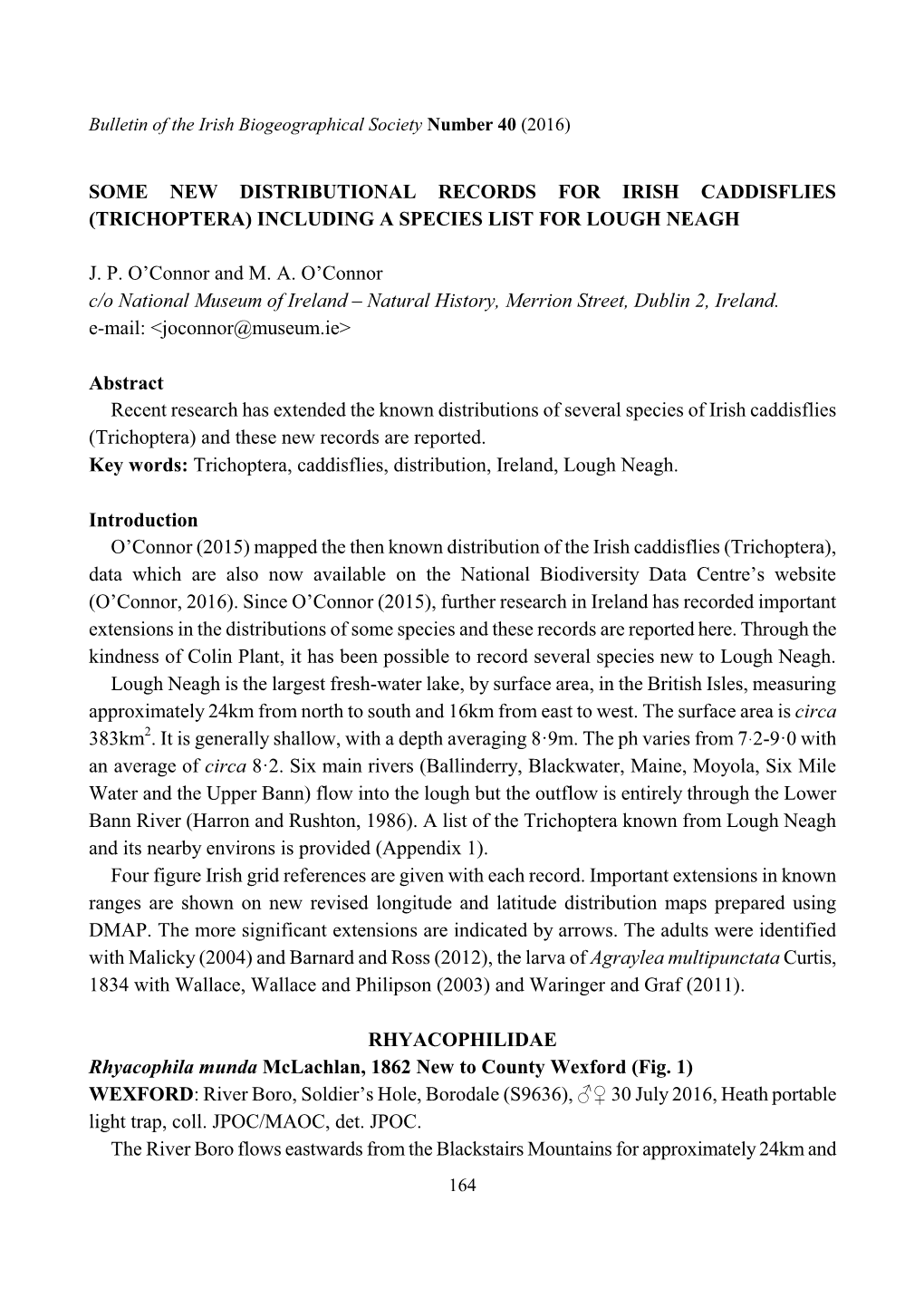 Trichoptera) Including a Species List for Lough Neagh