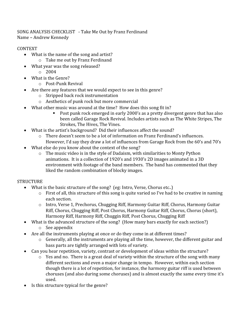 SONG ANALYSIS CHECKLIST - Take Me out by Franz Ferdinand