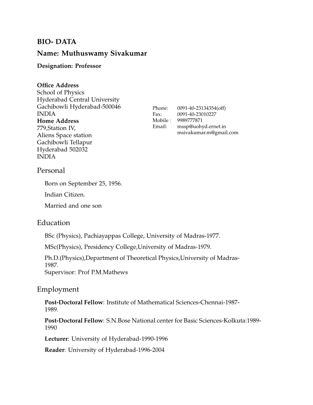 CV of M.SIVAKUMAR: Curriculum Vitae