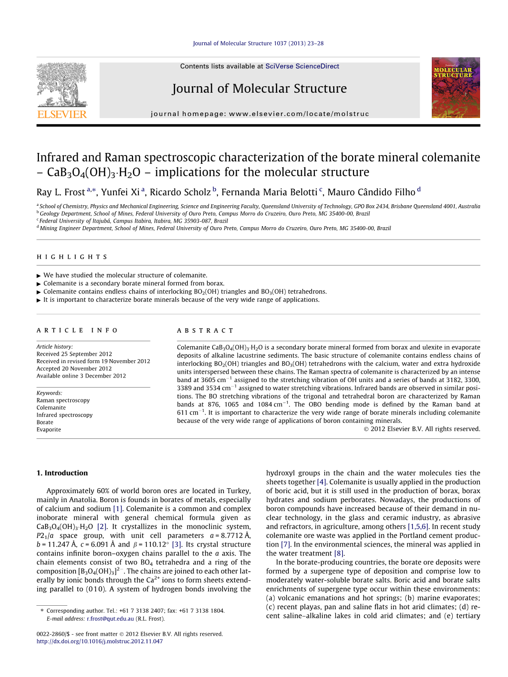 Infrared and Raman Spectroscopic Characterization of the Borate Mineral Colemanite В