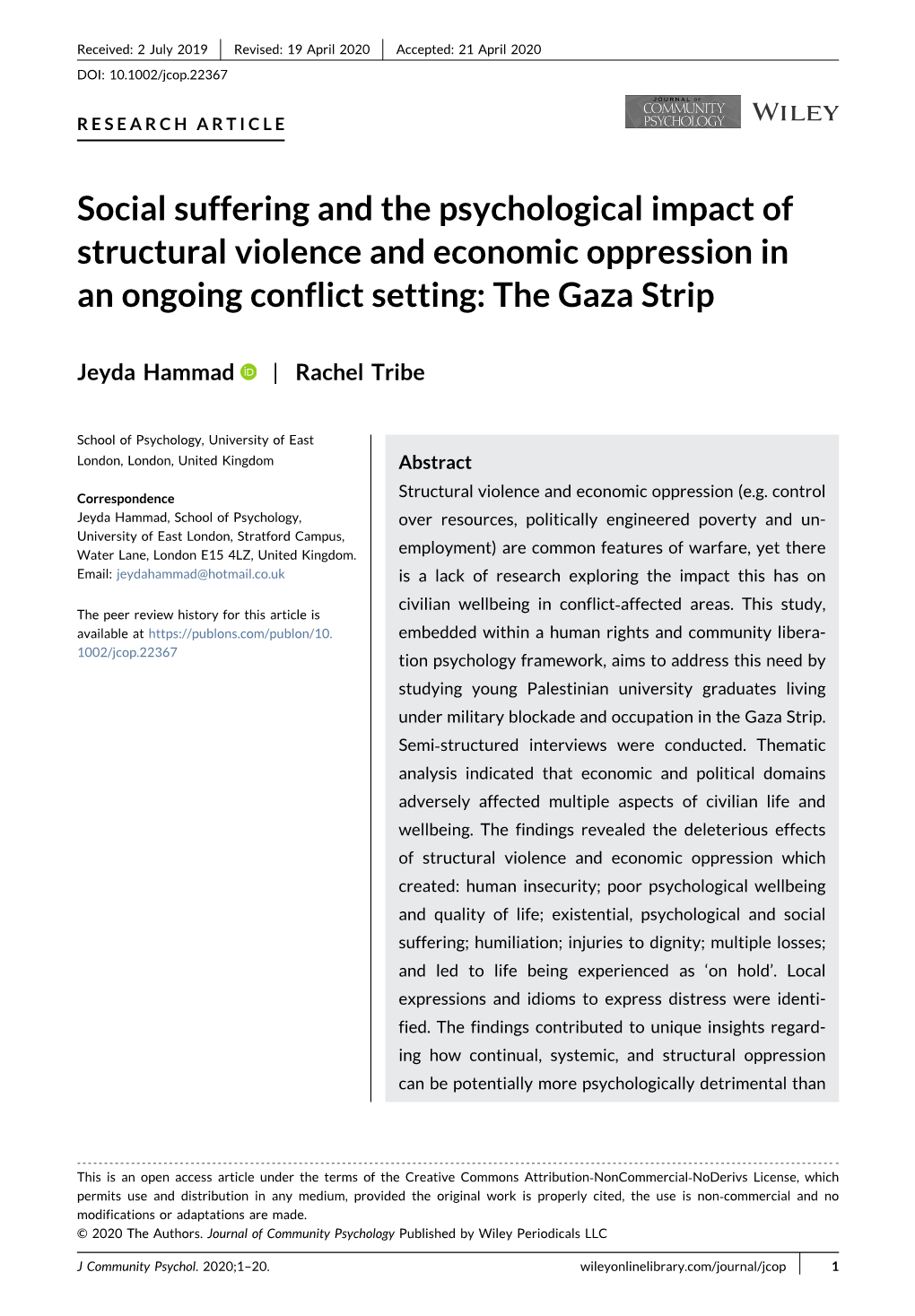Social Suffering and the Psychological Impact of Structural Violence and Economic Oppression in an Ongoing Conflict Setting: the Gaza Strip