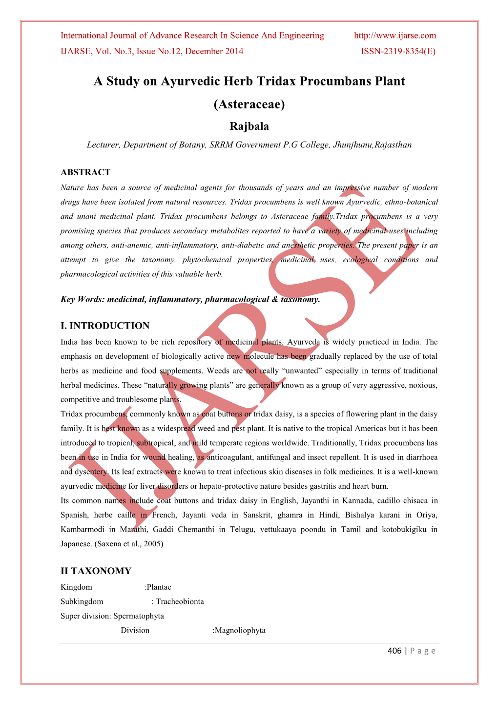 A Study on Ayurvedic Herb Tridax Procumbans Plant (Asteraceae) Rajbala Lecturer, Department of Botany, SRRM Government P.G College, Jhunjhunu,Rajasthan