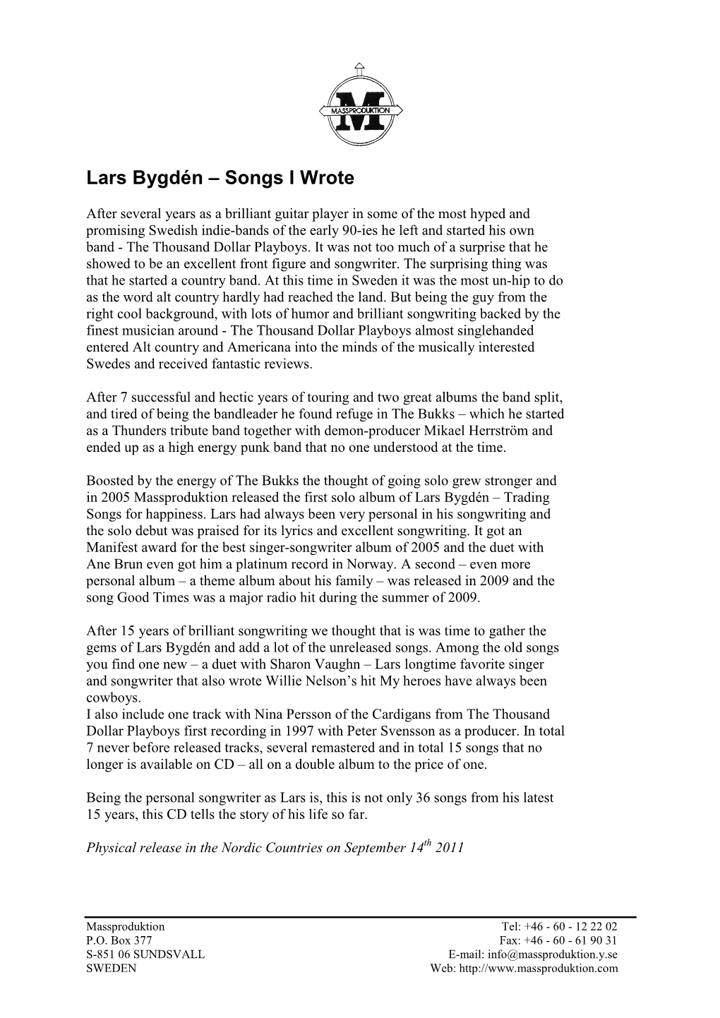 Lars Bygdén – Songs I Wrote