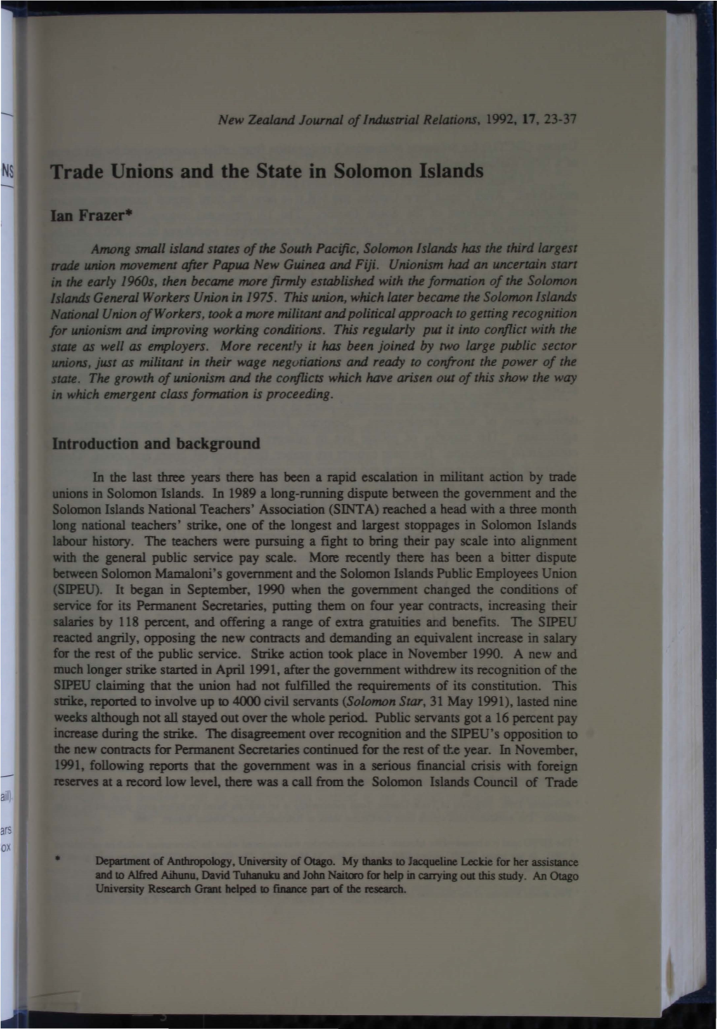 Trade Unions and the State in Solomon Islands