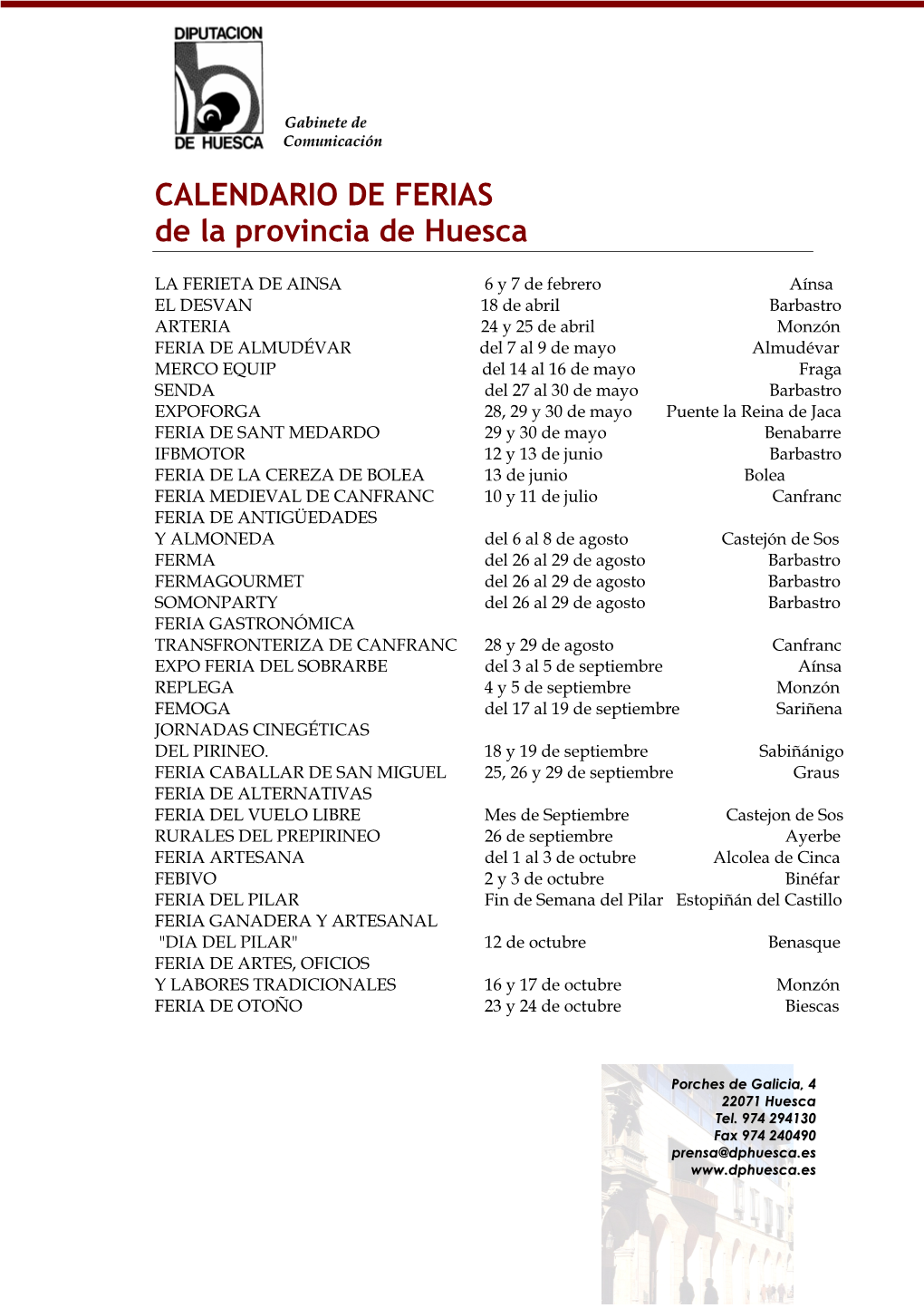 CALENDARIO DE FERIAS De La Provincia De Huesca