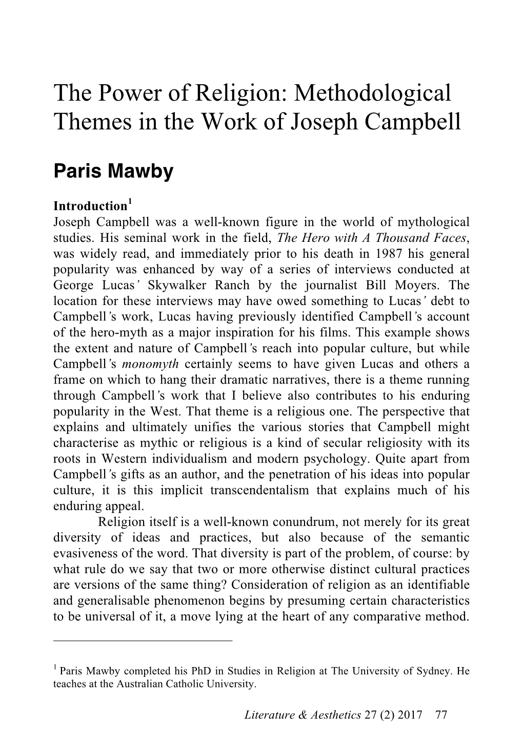 The Power of Religion: Methodological Themes in the Work of Joseph Campbell