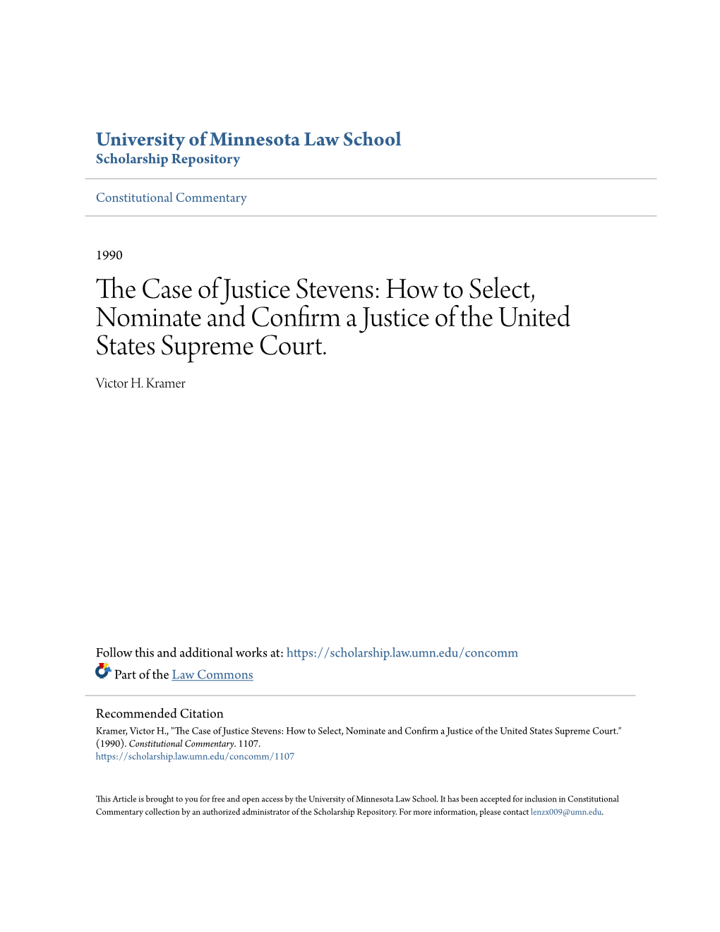 The Case of Justice Stevens: How to Select, Nominate and Confirm a Justice of the United States Supreme Court