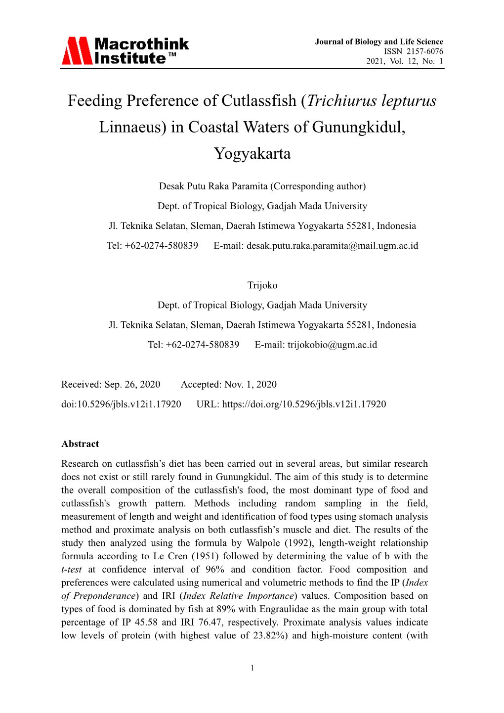 Feeding Preference of Cutlassfish (Trichiurus Lepturus Linnaeus) in Coastal Waters of Gunungkidul, Yogyakarta