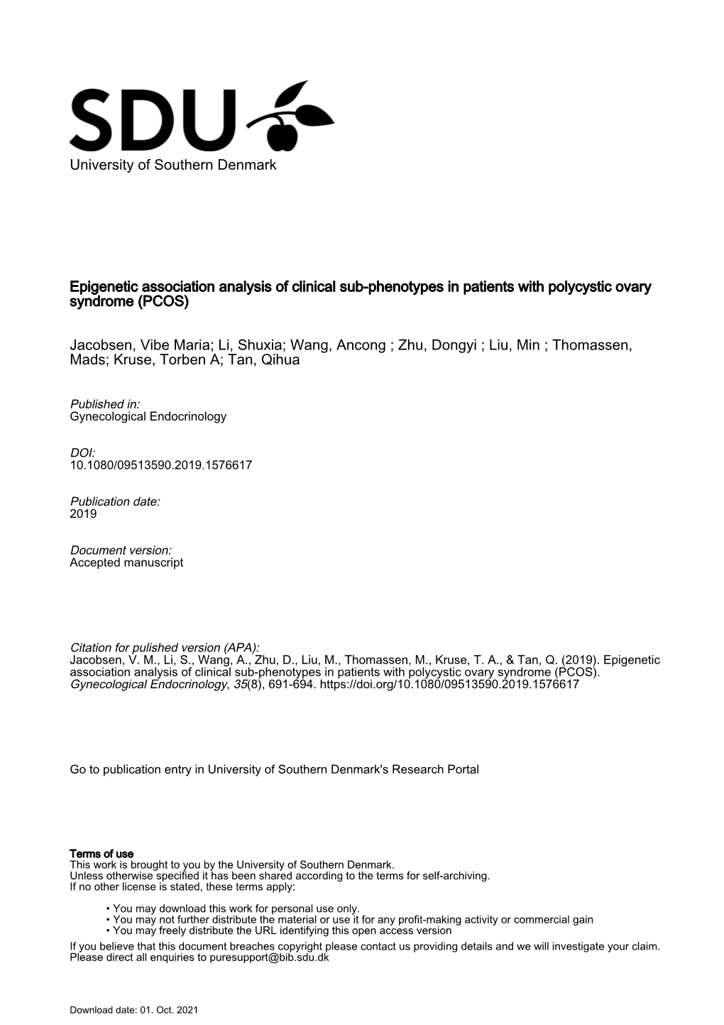 University of Southern Denmark Epigenetic Association Analysis Of