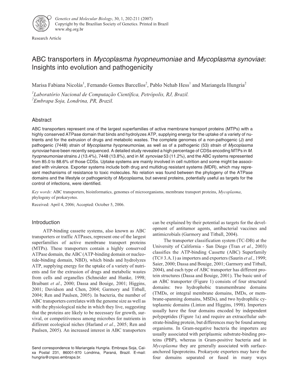 ABC Transporters in Mycoplasma Hyopneumoniae and Mycoplasma Synoviae: Insights Into Evolution and Pathogenicity