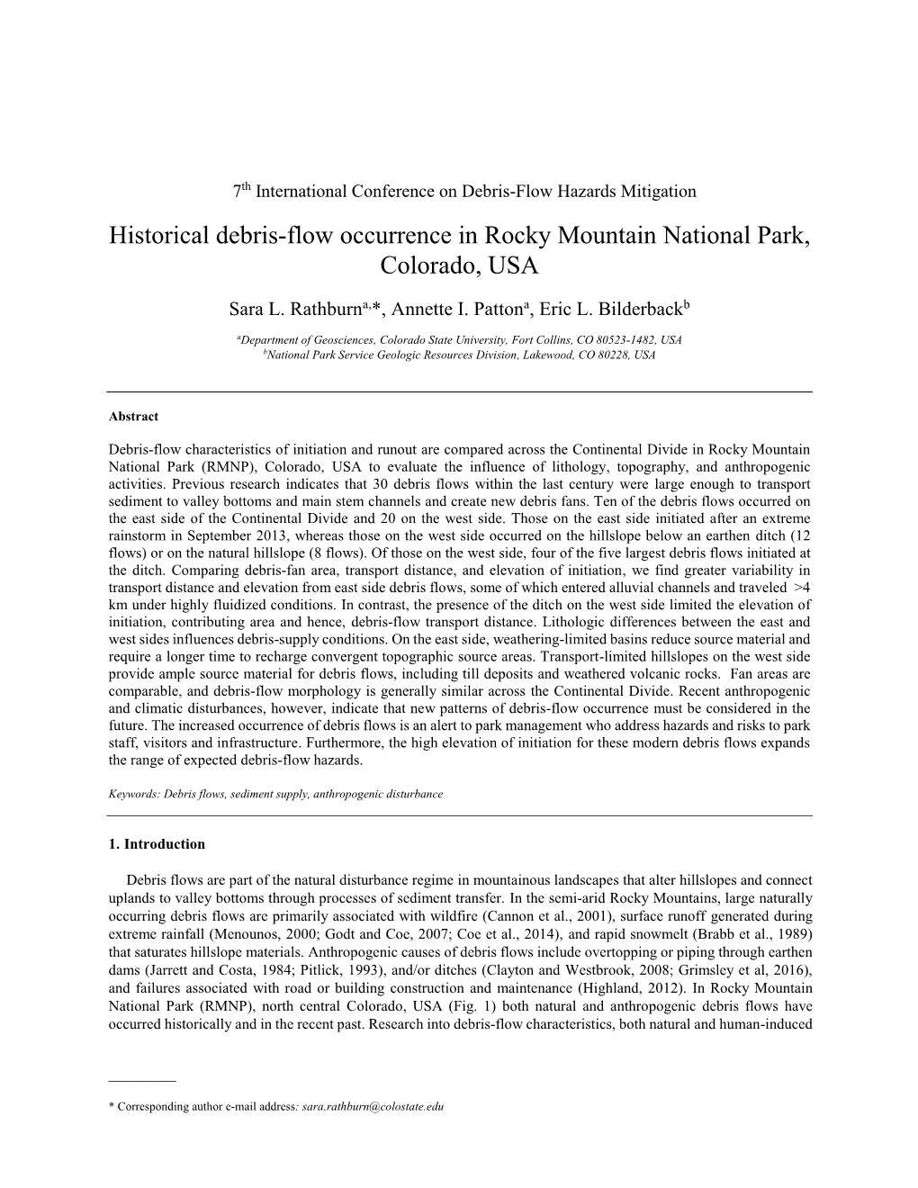 Historical Debris-Flow Occurrence in Rocky Mountain National Park, Colorado, USA