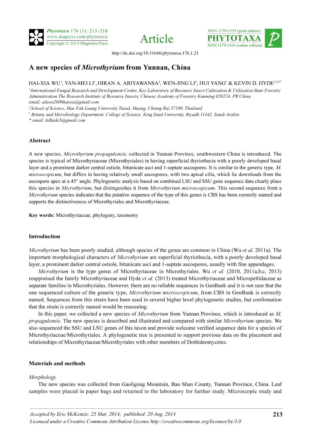 A New Species of Microthyrium from Yunnan, China