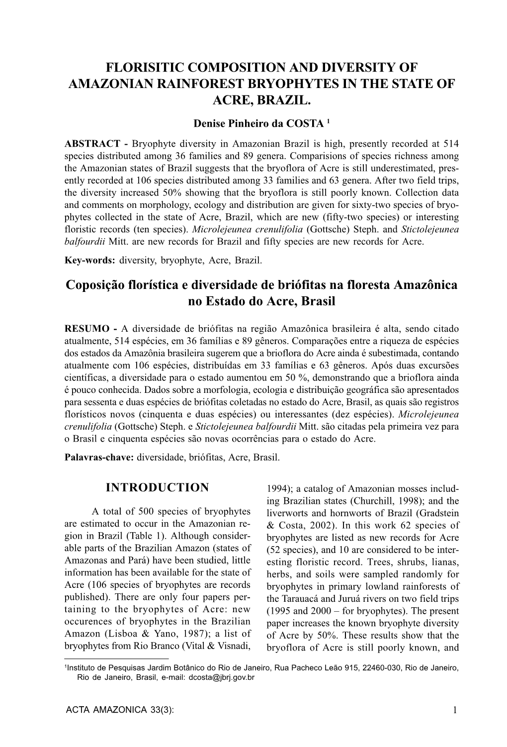 Florisitic Composition and Diversity of Amazonian Rainforest Bryophytes in the State of Acre, Brazil