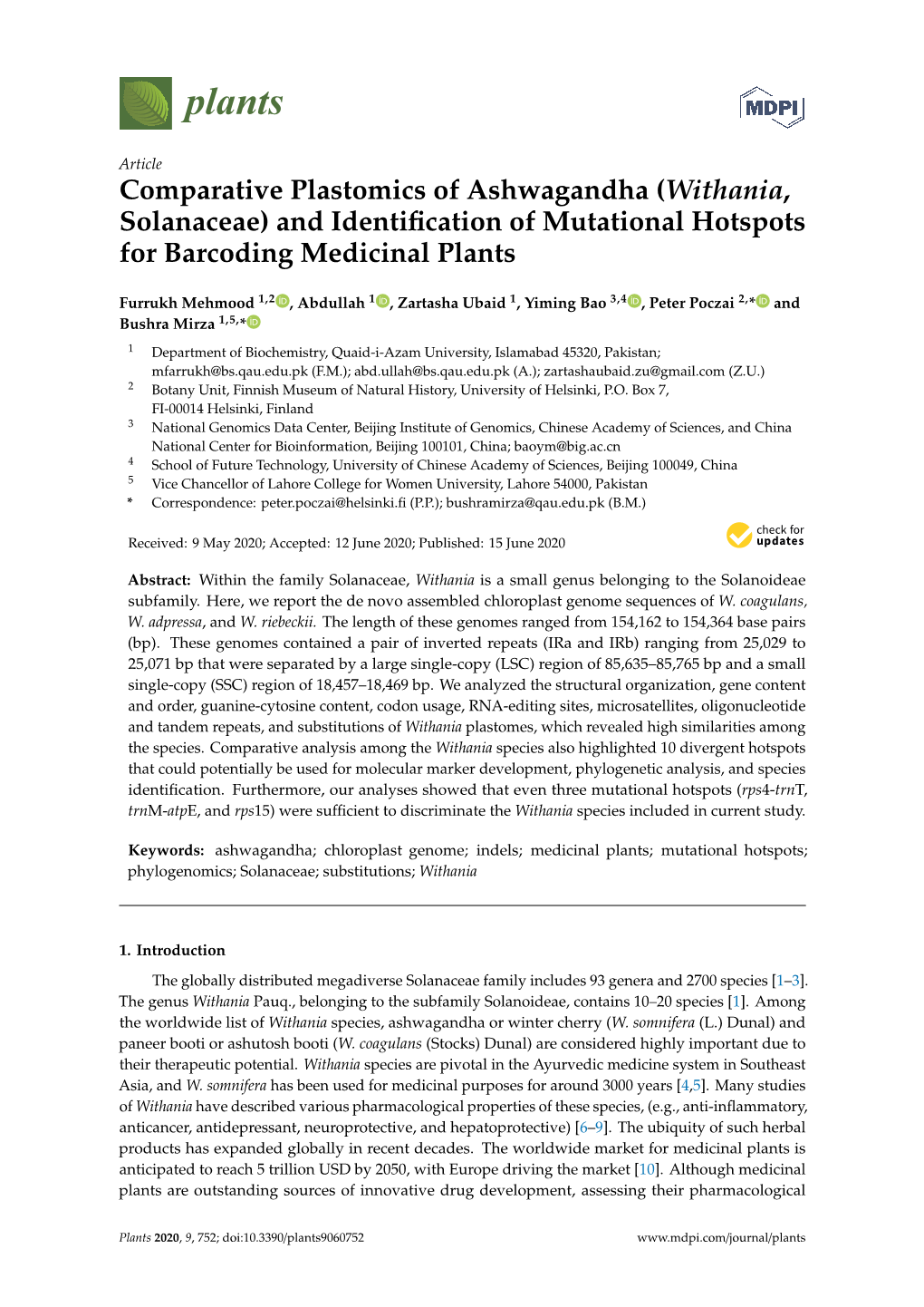 Comparative Plastomics of Ashwagandha (Withania, Solanaceae) and Identiﬁcation of Mutational Hotspots for Barcoding Medicinal Plants