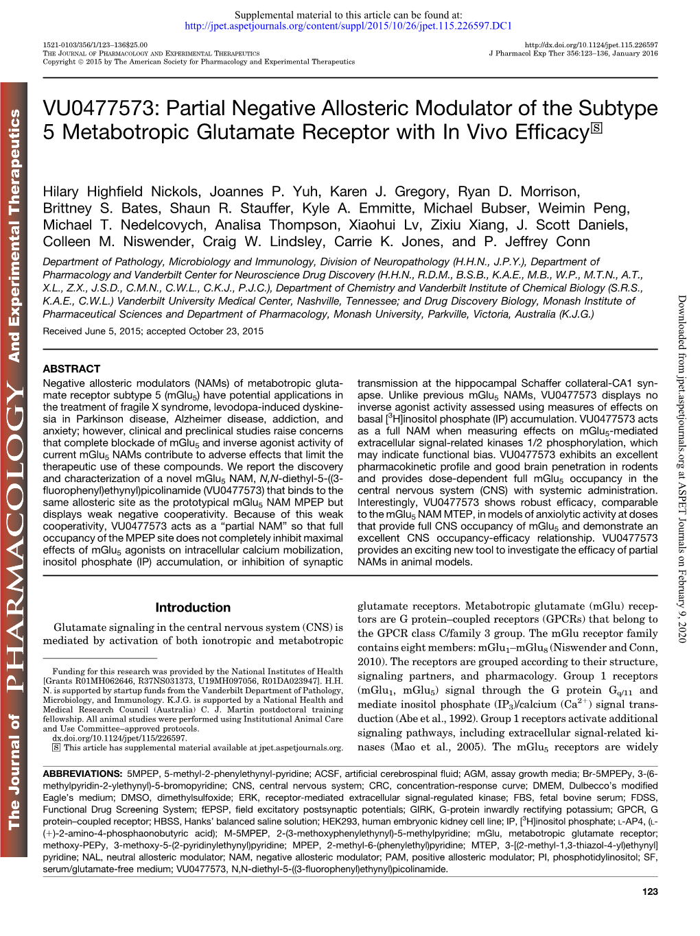 VU0477573: Partial Negative Allosteric Modulator of the Subtype 5 Metabotropic Glutamate Receptor with in Vivo Efficacy S