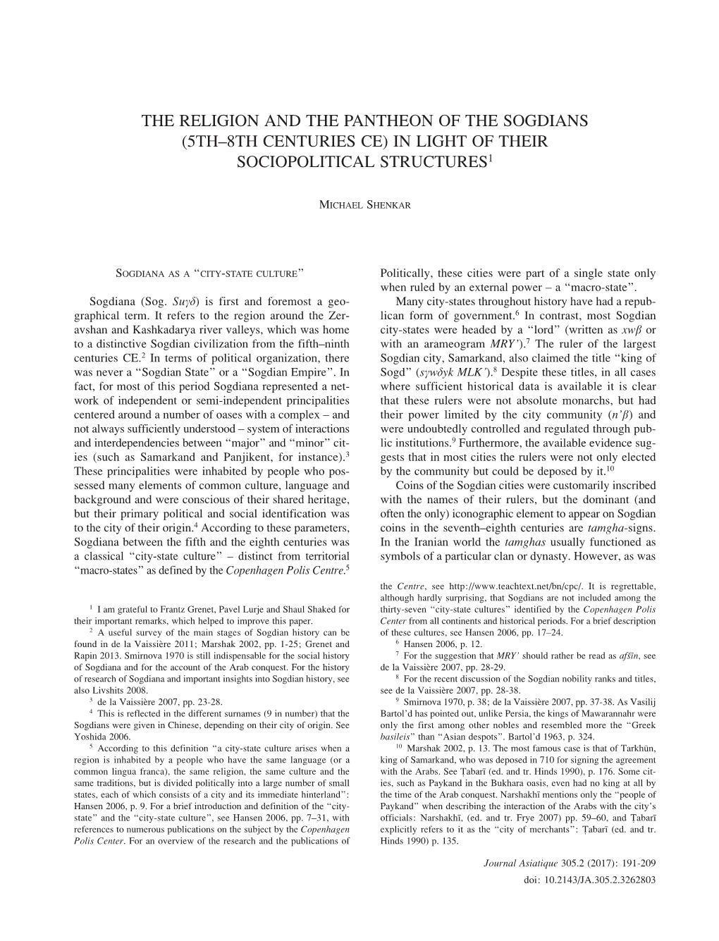 The Religion and the Pantheon of the Sogdians (5Th–8Th Centuries CE) in Light of Their Sociopolitical Structures1