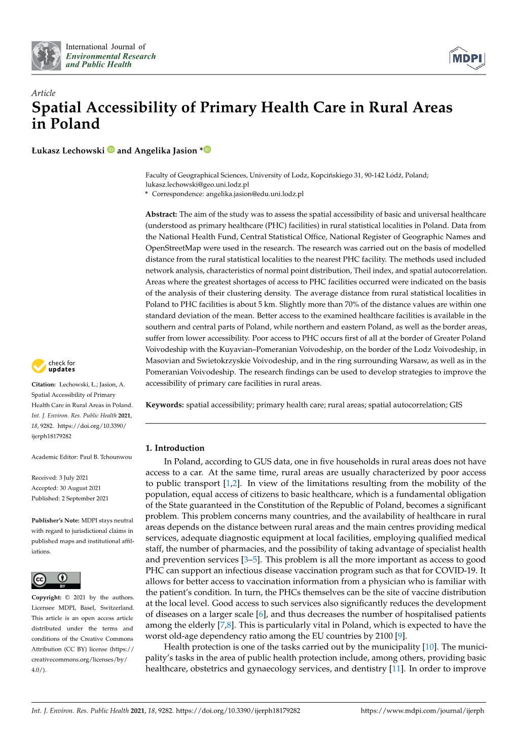 Spatial Accessibility of Primary Health Care in Rural Areas in Poland