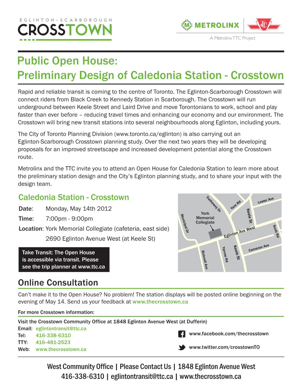 Public Open House: Preliminary Design of Caledonia Station - Crosstown