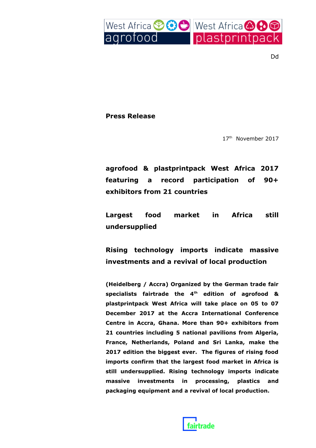 Agrofood & Plastprintpack West Africa 2017 Featuring a Record Participation of 90+ Exhibitors