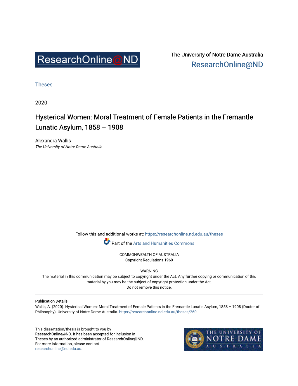 Moral Treatment of Female Patients in the Fremantle Lunatic Asylum, 1858 – 1908