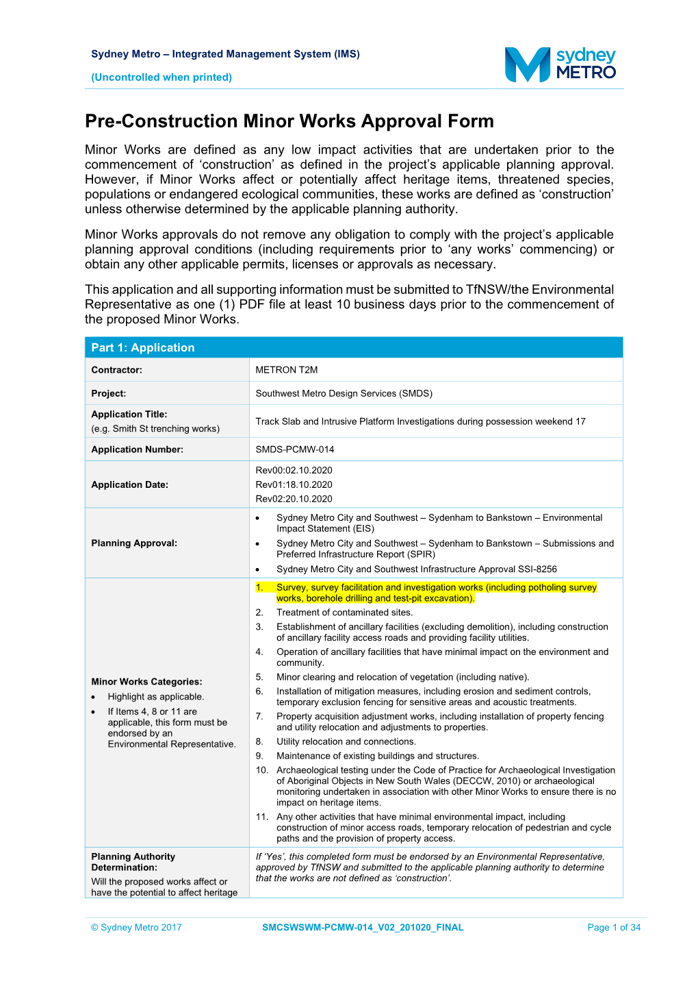 SM ES-FT-415 Pre-Construction Minor Works Approval Form