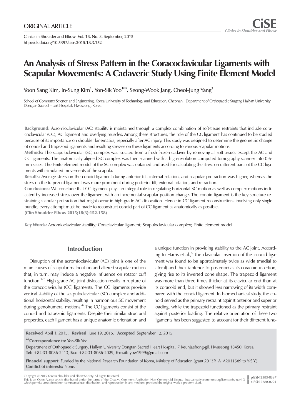 An Analysis of Stress Pattern in the Coracoclavicular Ligaments with Scapular Movements: a Cadaveric Study Using Finite Element Model