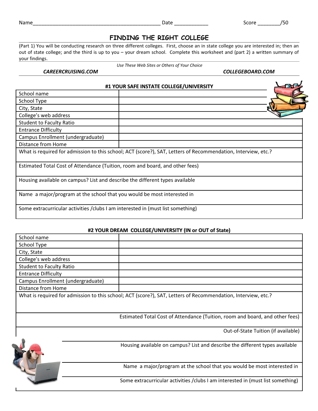 Worksheet for Activity #12- Finishing the Right College