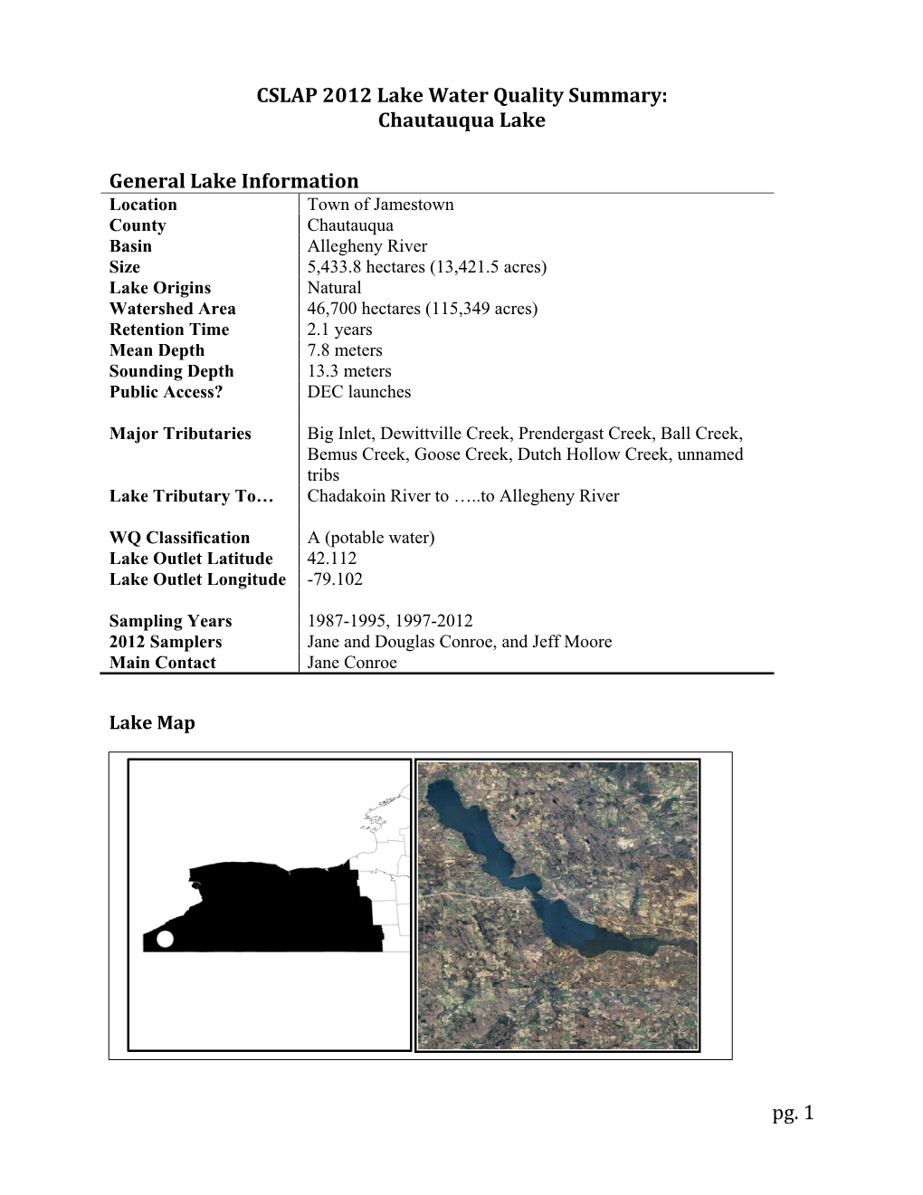 Pg. 1 CSLAP 2012 Lake Water Quality Summary: Chautauqua Lake