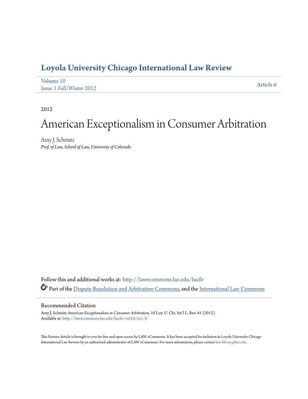 American Exceptionalism in Consumer Arbitration Amy J