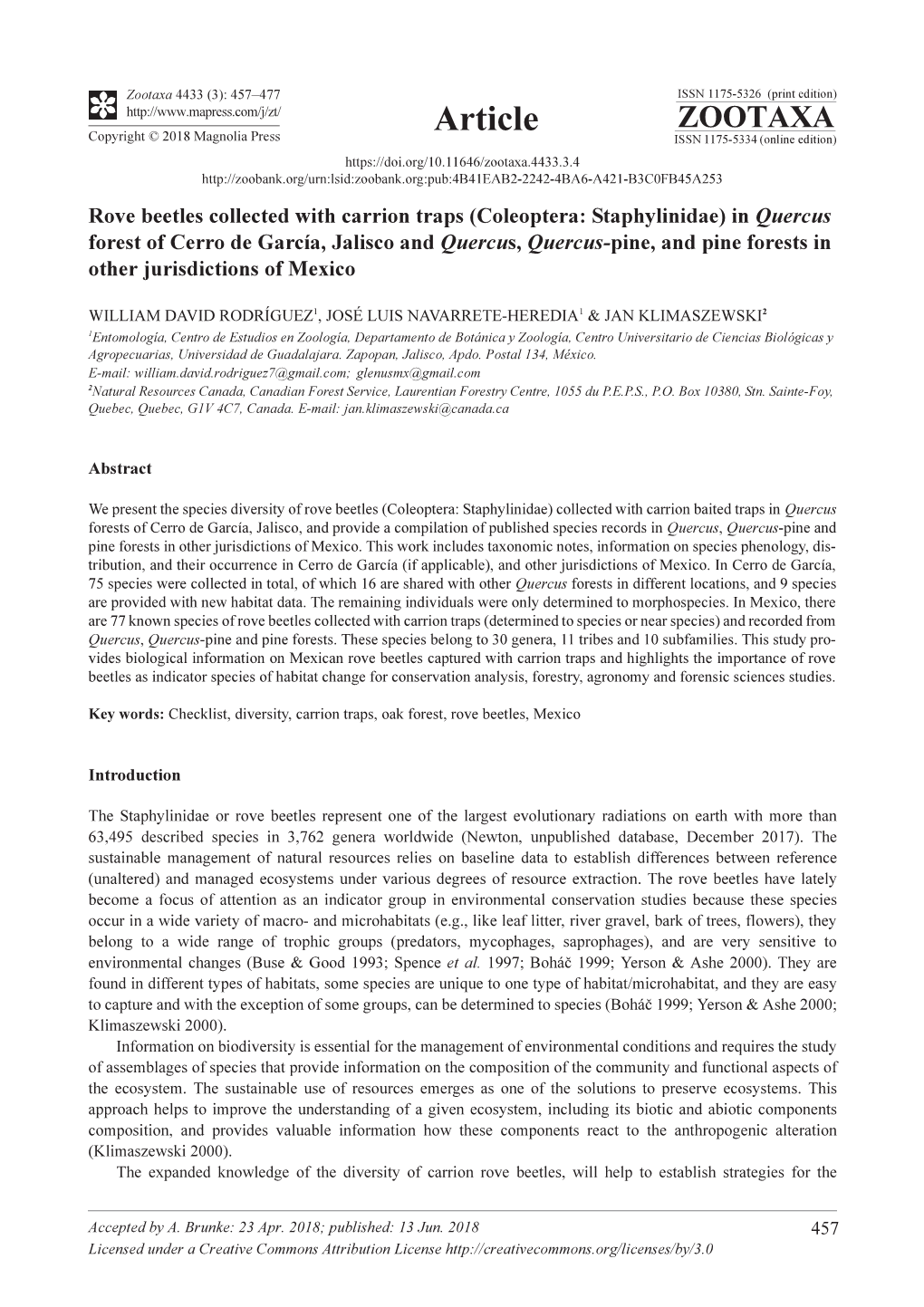 Coleoptera: Staphylinidae) in Quercus Forest of Cerro De García, Jalisco and Quercus, Quercus-Pine, and Pine Forests in Other Jurisdictions of Mexico