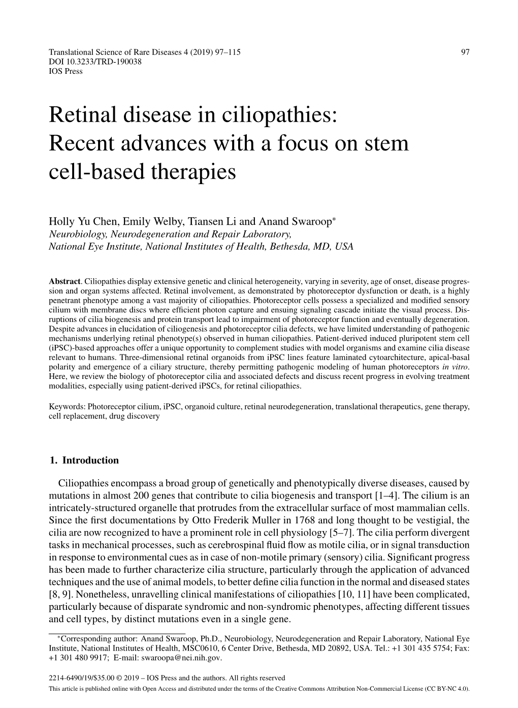 Retinal Disease in Ciliopathies: Recent Advances with a Focus on Stem Cell-Based Therapies