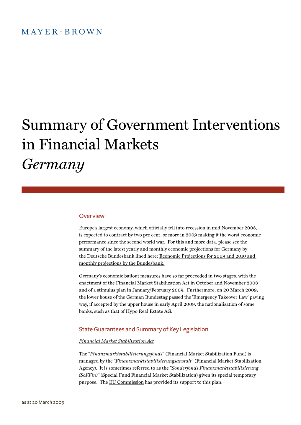 Summary of Government Interventions in Financial Markets Germany