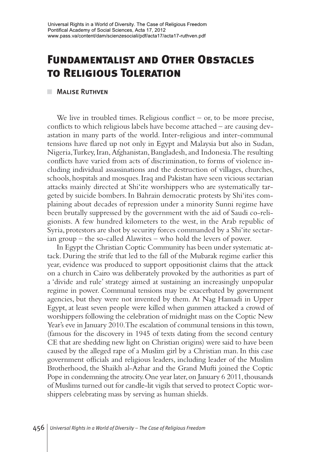 Fundamentalist and Other Obstacles to Religious Toleration