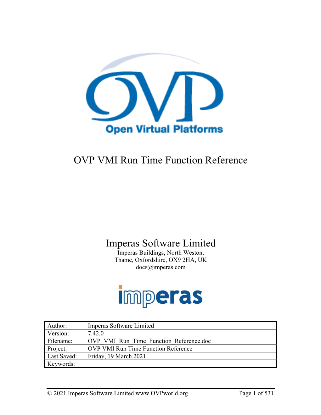 OVP VMI Run Time Function Reference Imperas Software Limited