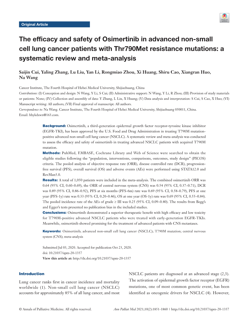 The Efficacy and Safety of Osimertinib in Advanced Non-Small Cell Lung Cancer Patients with Thr790met Resistance Mutations: a Systematic Review and Meta-Analysis