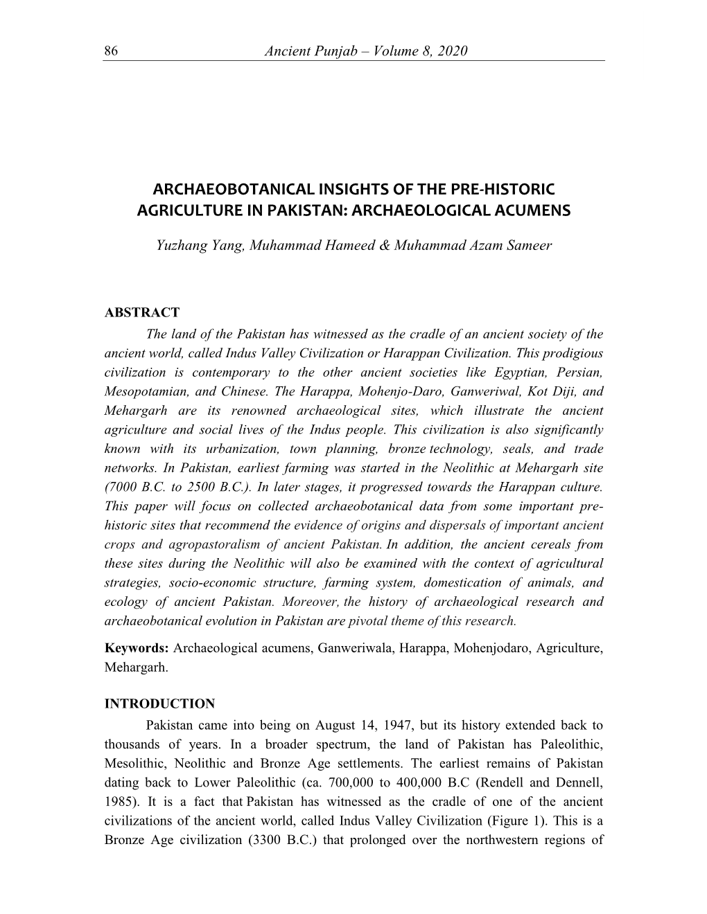 Archaeobotanical Insights of the Pre-Historic Agriculture in Pakistan: Archaeological Acumens