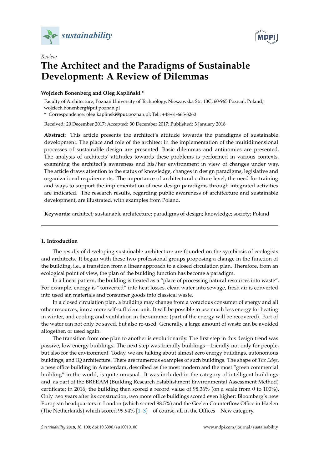 The Architect and the Paradigms of Sustainable Development: a Review of Dilemmas