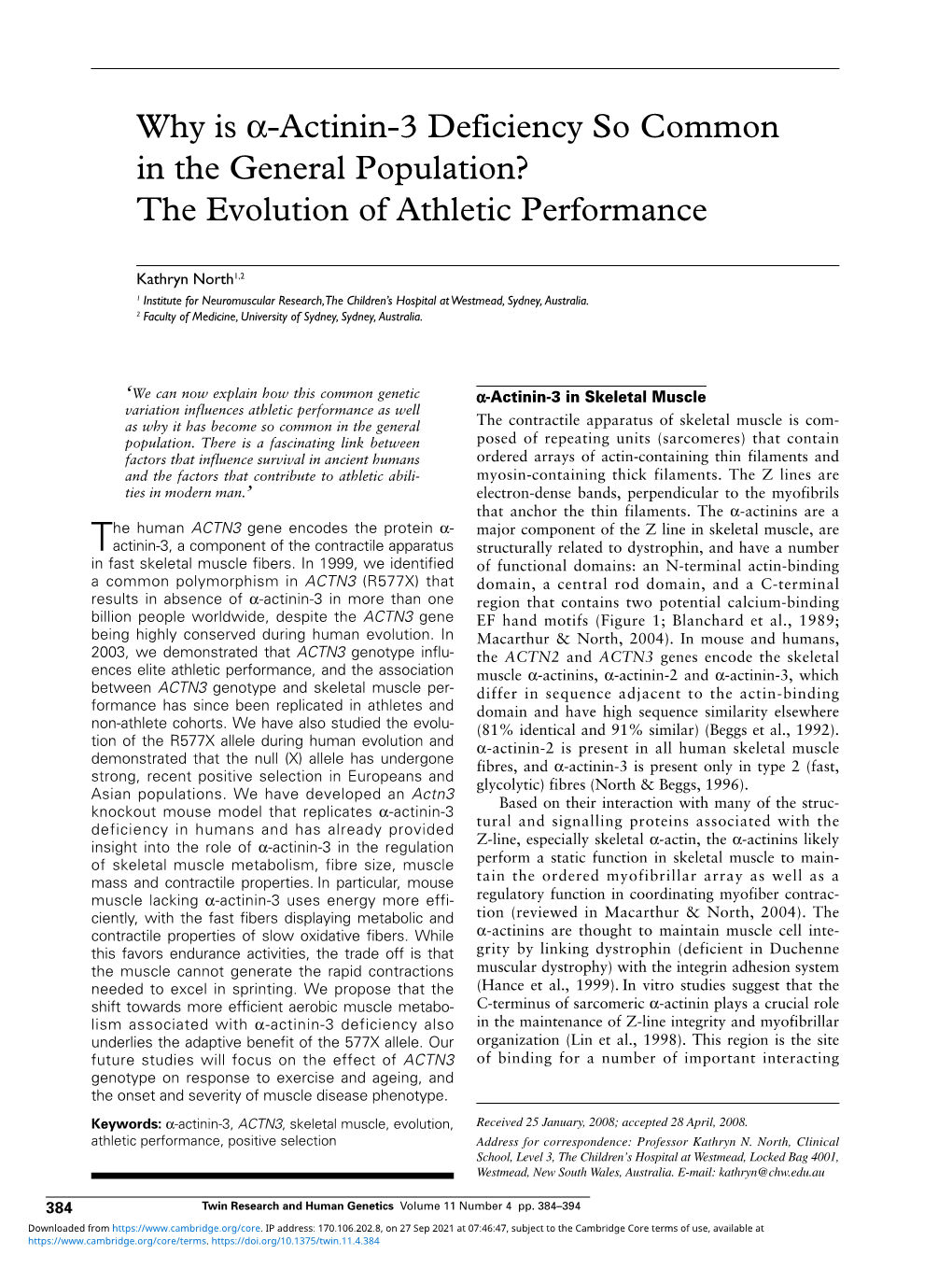 Why Is Α-Actinin-3 Deficiency So Common in the General Population? the Evolution of Athletic Performance