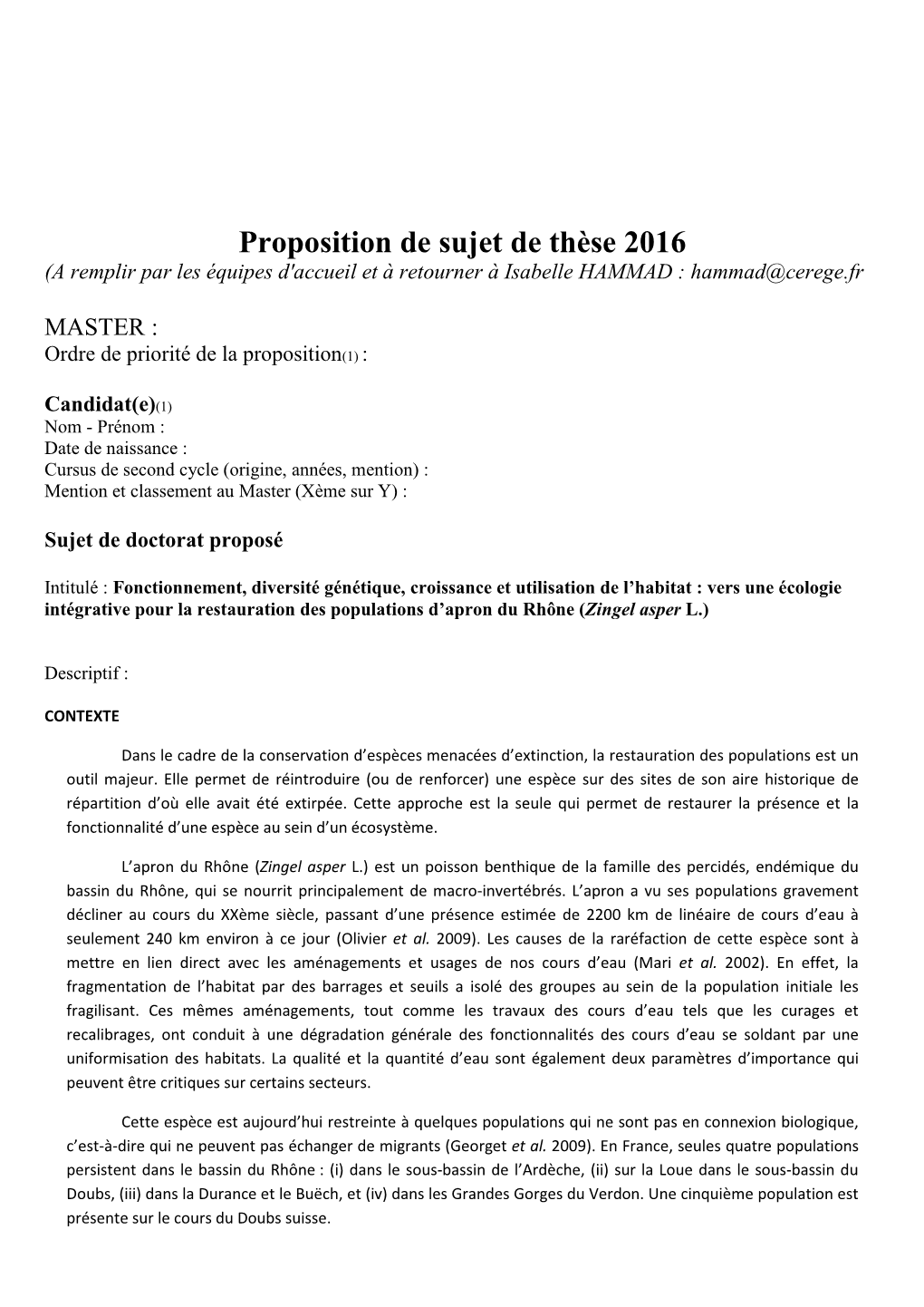 Proposition De Sujet De Thèse 2016 (A Remplir Par Les Équipes D'accueil Et À Retourner À Isabelle HAMMAD : Hammad@Cerege.Fr