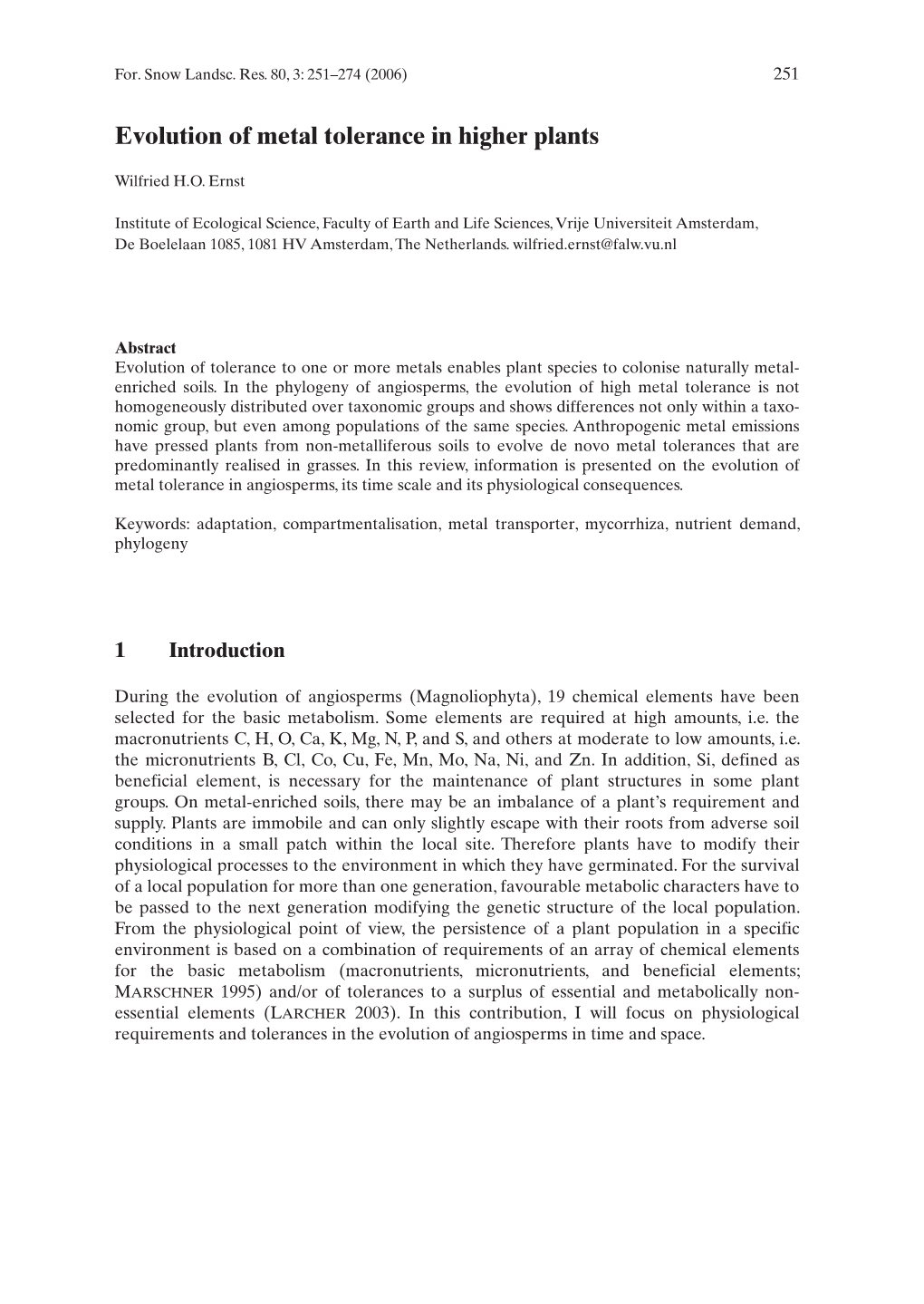 Evolution of Metal Tolerance in Higher Plants