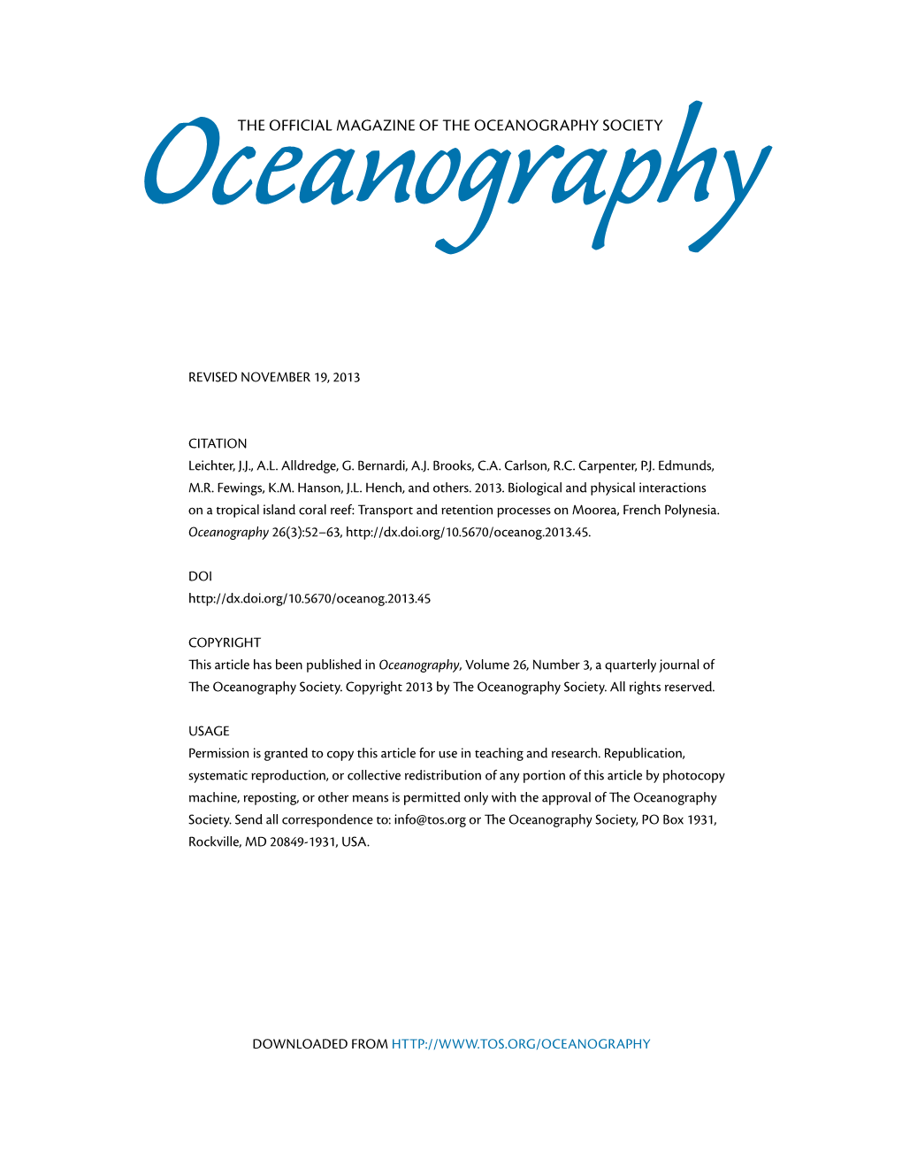 Oceanographyraphy SOCIETY
