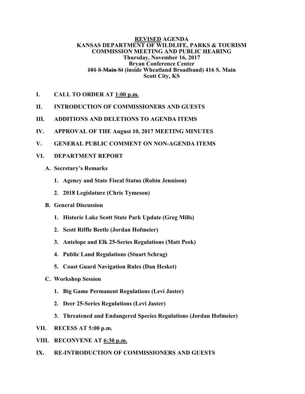 Revised Agenda Kansas Department of Wildlife