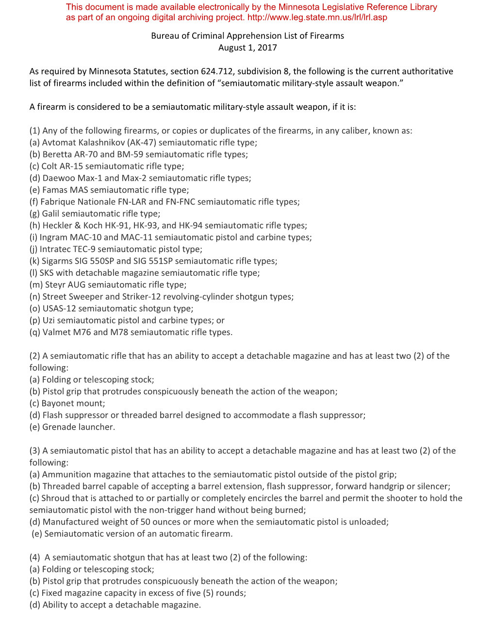 Bureau of Criminal Apprehension List of Firearms August 1, 2017 As