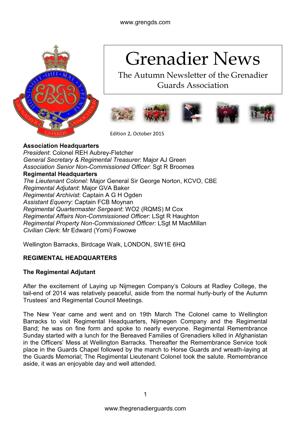 Grenadier News the Autumn Newsletter of the Grenadier Guards Association