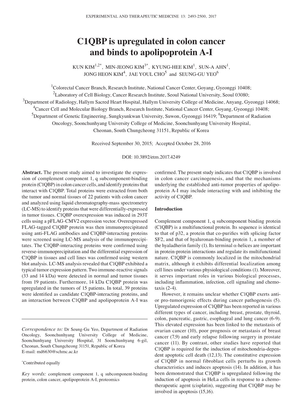 C1QBP Is Upregulated in Colon Cancer and Binds to Apolipoprotein A-I